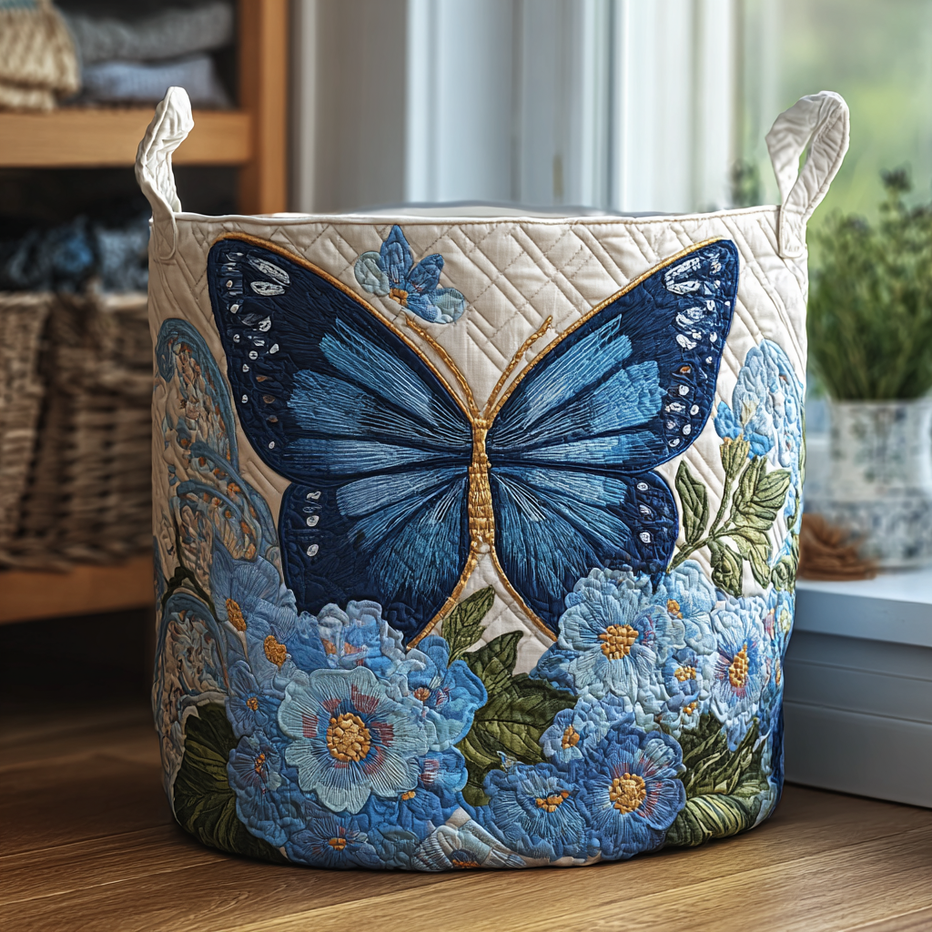 Gesteppter Wäschekorb Sanfter Flügelschlag mit Motiv Schmetterlinge und Blüten von Maria Zürich