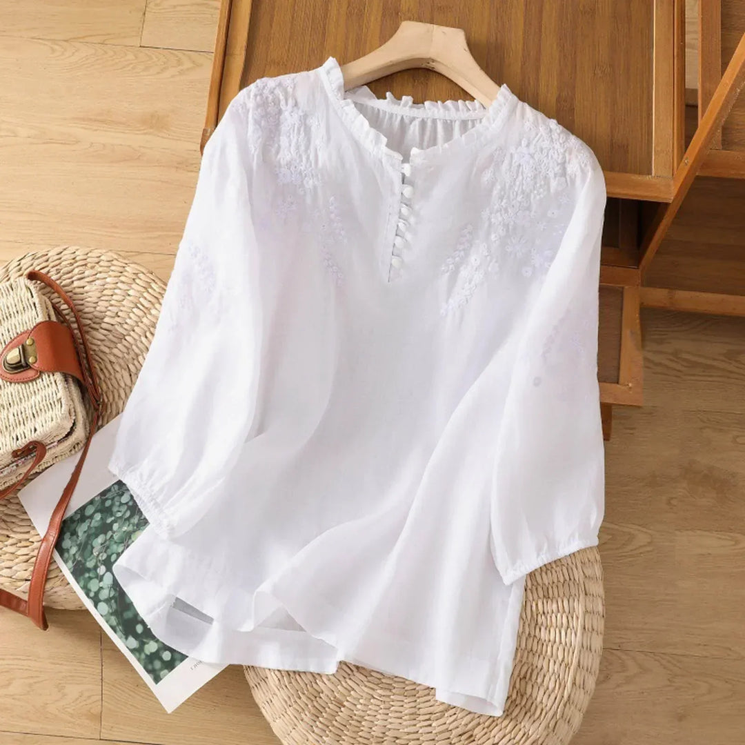 Theresa - Floral Bestickte Bluse mit Drop Shoulder aus Leinenmischung