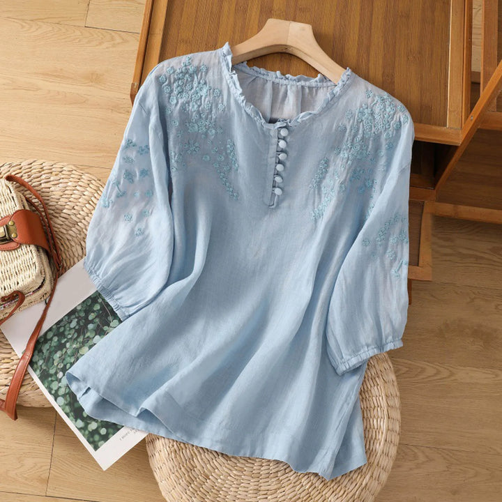 Theresa - Floral Bestickte Bluse mit Drop Shoulder aus Leinenmischung