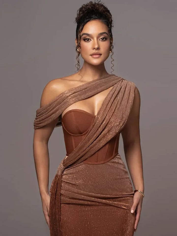 Carolyn - Damen One Shoulder Cutout Draped Bodycon Maxikleid