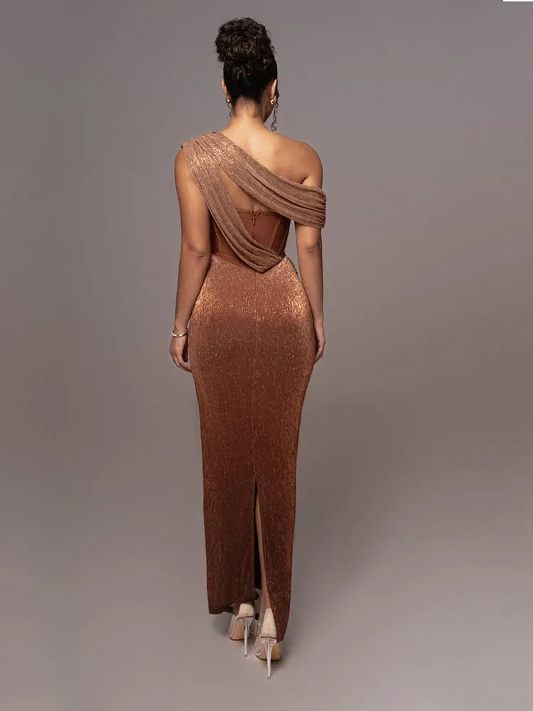 Carolyn - Damen One Shoulder Cutout Draped Bodycon Maxikleid
