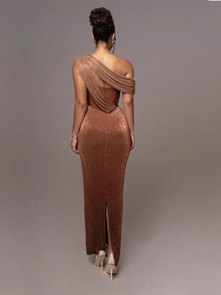 Carolyn - Damen One Shoulder Cutout Draped Bodycon Maxikleid