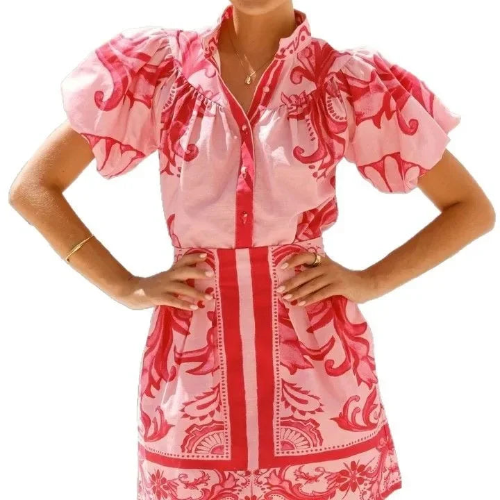 Isla | Damen Minihemdkleid mit floralem Druck und Puffärmeln