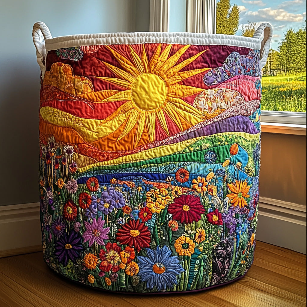 Gesteppter Wäschekorb Sonnenglück mit Motiv Berge, Mond und Blüten im Sonnenlicht von Maria Zürich