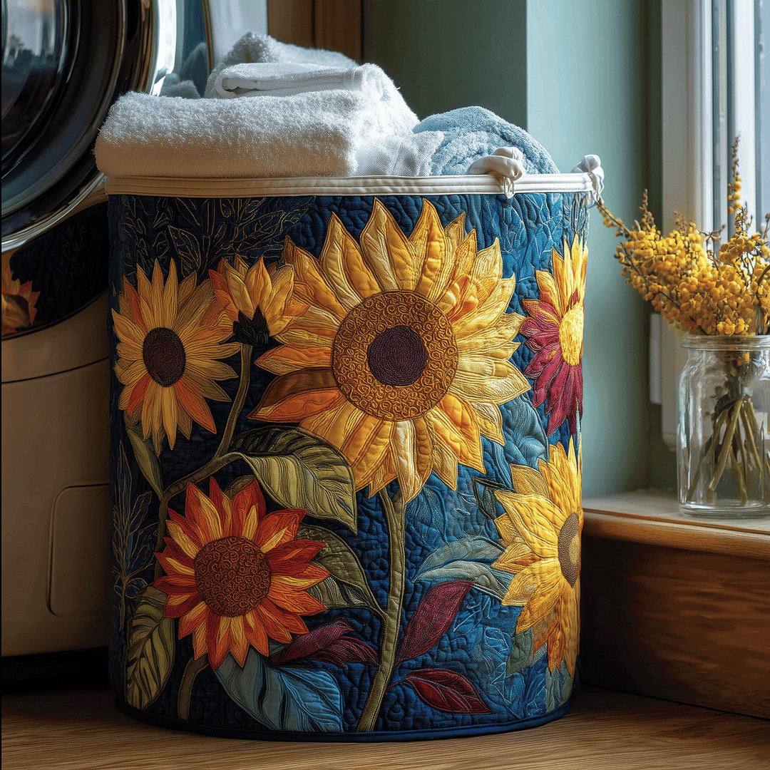 Gesteppter Wäschekorb Sonnenblüte mit Motiv sonnige Blumen von Maria Zürich