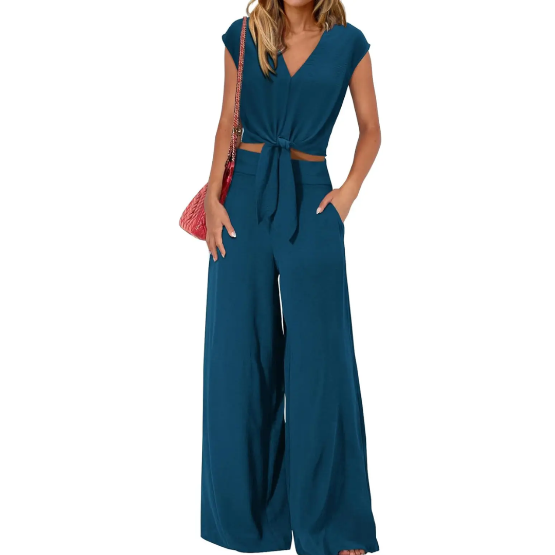 Michelle - V-Ausschnitt Crop Top mit Knoten vorne und weiten Hosen Set