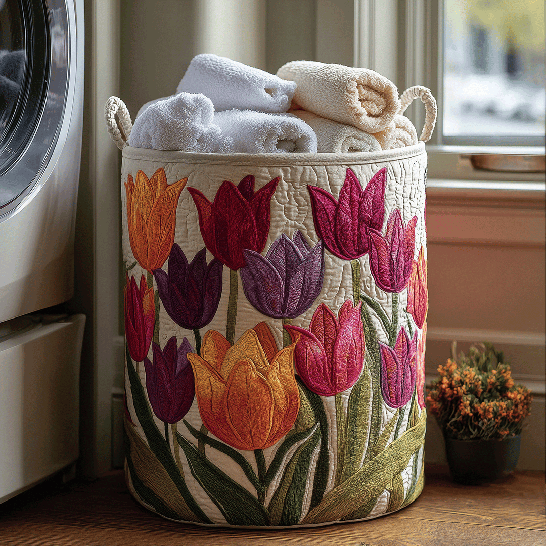 Gesteppter Wäschekorb Tulpenfreude mit Motiv Tulpen von Maria Zürich