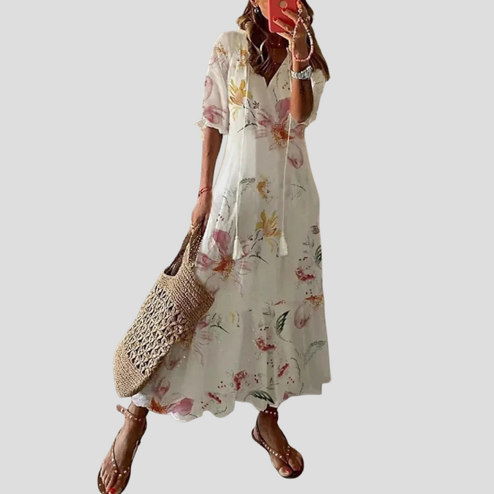 Boho-Chic Floral V-Ausschnitt Maxikleid – Perfekt für warme Tage