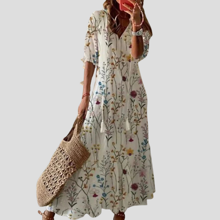 Boho-Chic Floral V-Ausschnitt Maxikleid – Perfekt für warme Tage