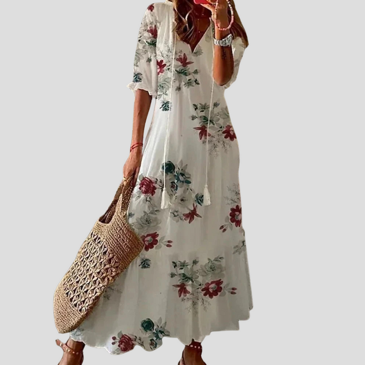 Boho-Chic Floral V-Ausschnitt Maxikleid – Perfekt für warme Tage