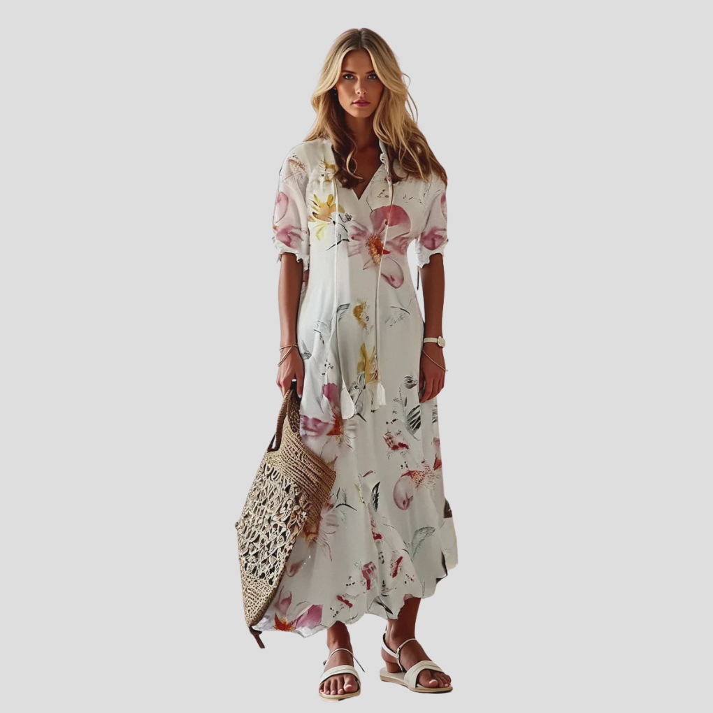 Boho-Chic Floral V-Ausschnitt Maxikleid – Perfekt für warme Tage
