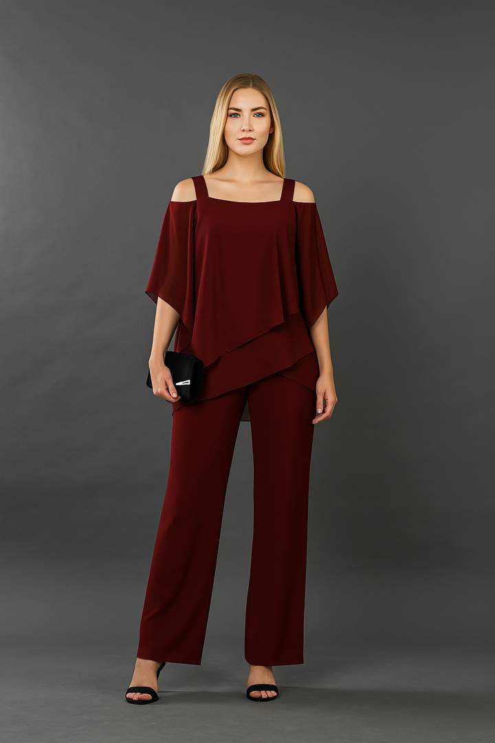 Pamela - Chiffon Oberteil mit kalten Schultern und weiten Hosen