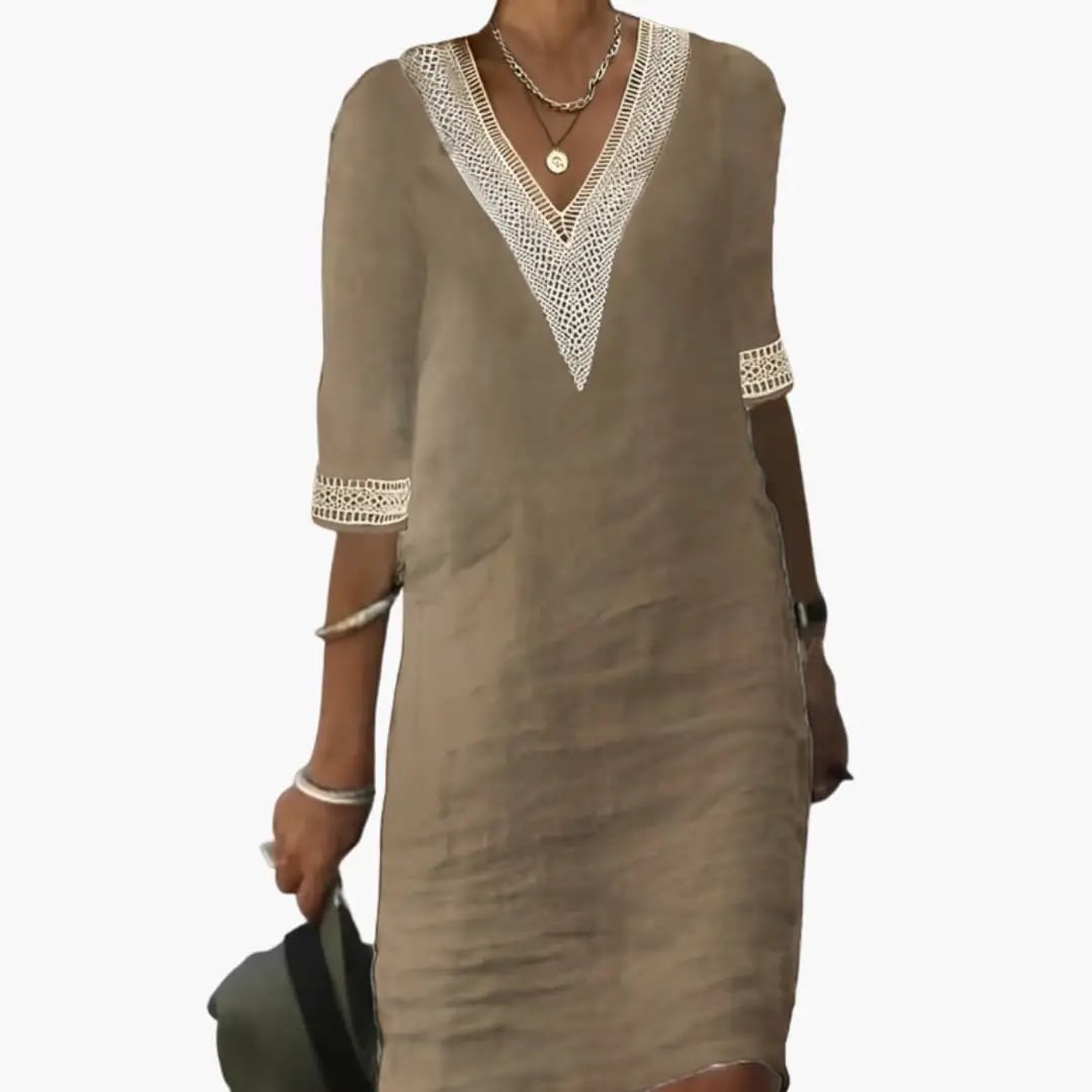 Damen Knielanges Kleid mit Rundhalsausschnitt und kurzen Ärmeln