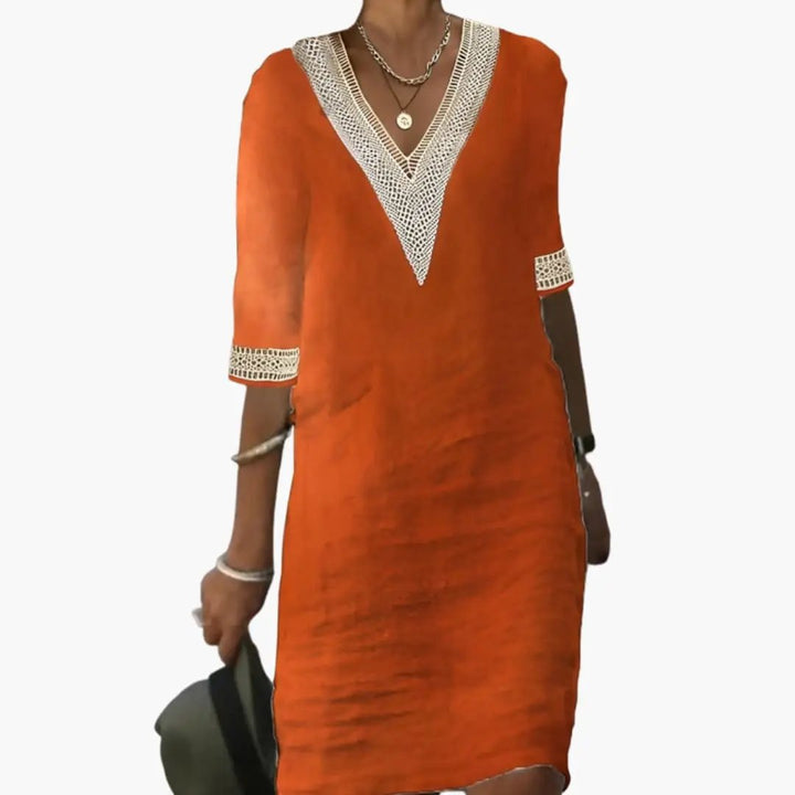 Damen Knielanges Kleid mit Rundhalsausschnitt und kurzen Ärmeln