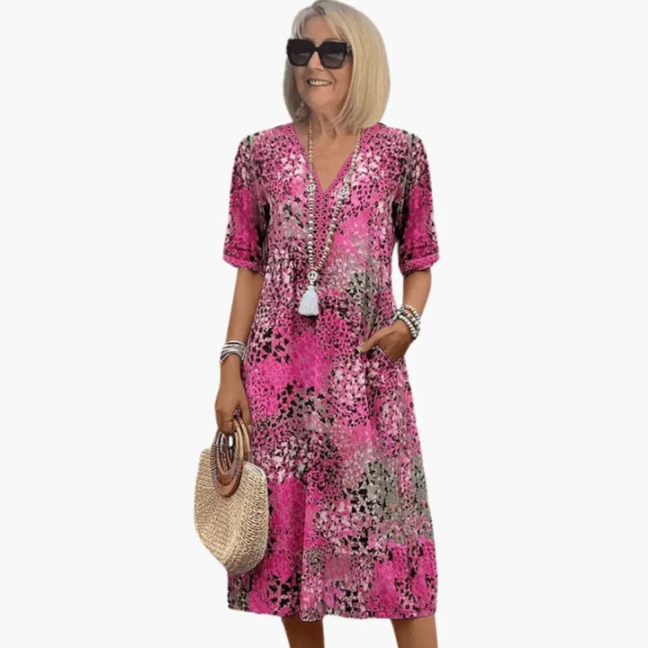 Damen bedrucktes V-Ausschnitt Midi-Kleid mit kurzen Ärmeln und lockerer Passform