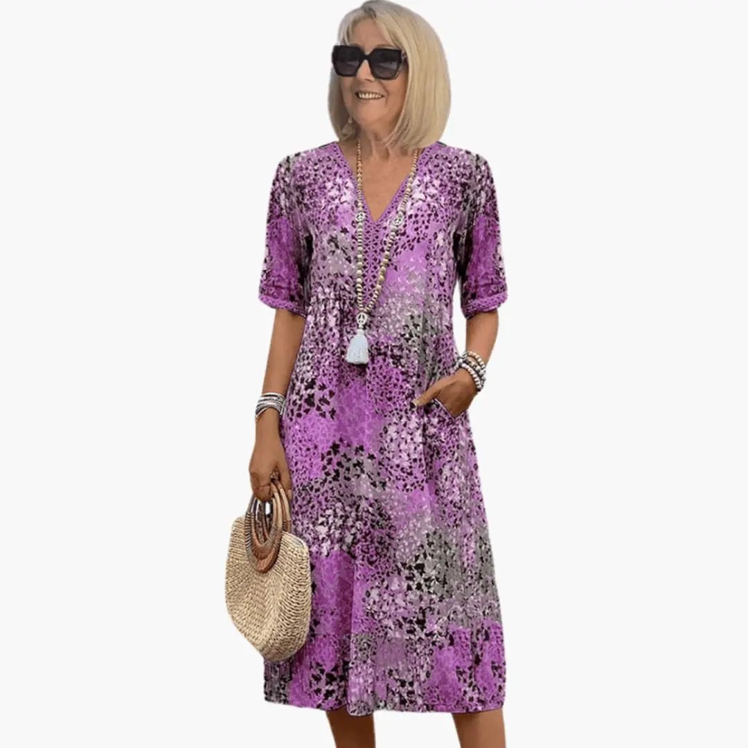 Damen bedrucktes V-Ausschnitt Midi-Kleid mit kurzen Ärmeln und lockerer Passform