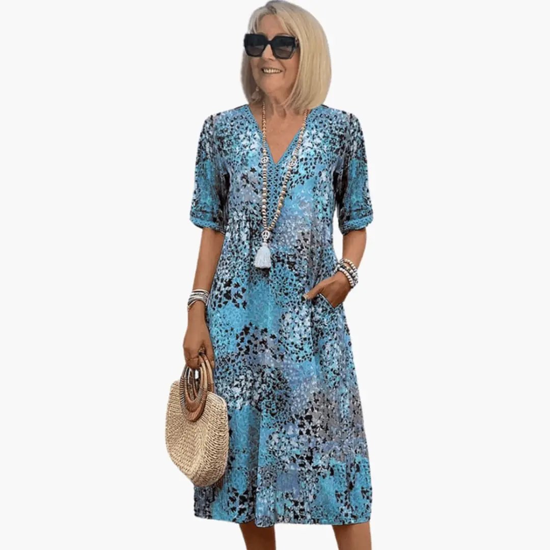 Damen bedrucktes V-Ausschnitt Midi-Kleid mit kurzen Ärmeln und lockerer Passform
