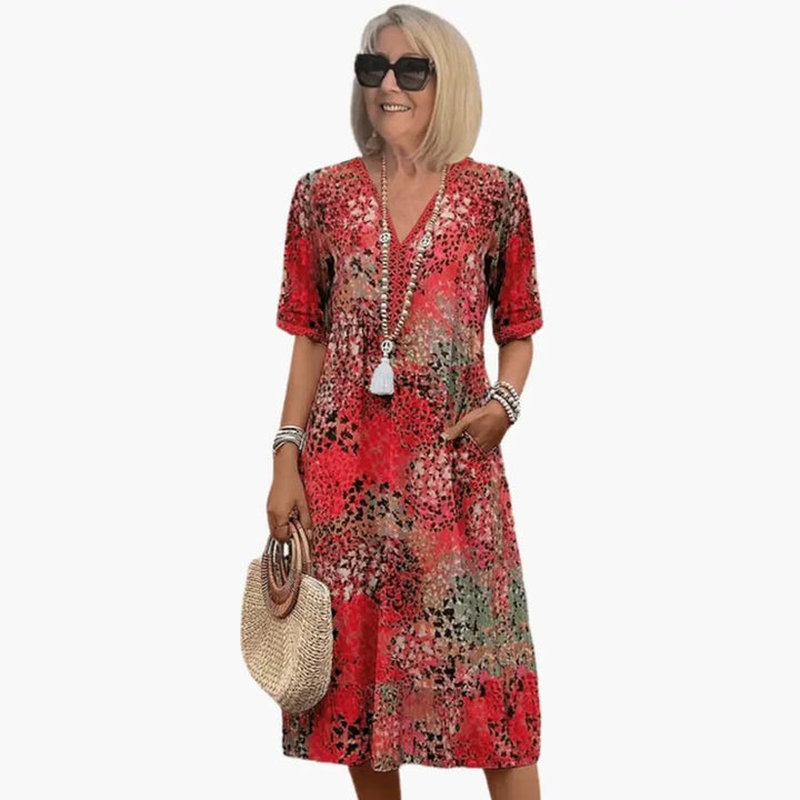 Damen bedrucktes V-Ausschnitt Midi-Kleid mit kurzen Ärmeln und lockerer Passform