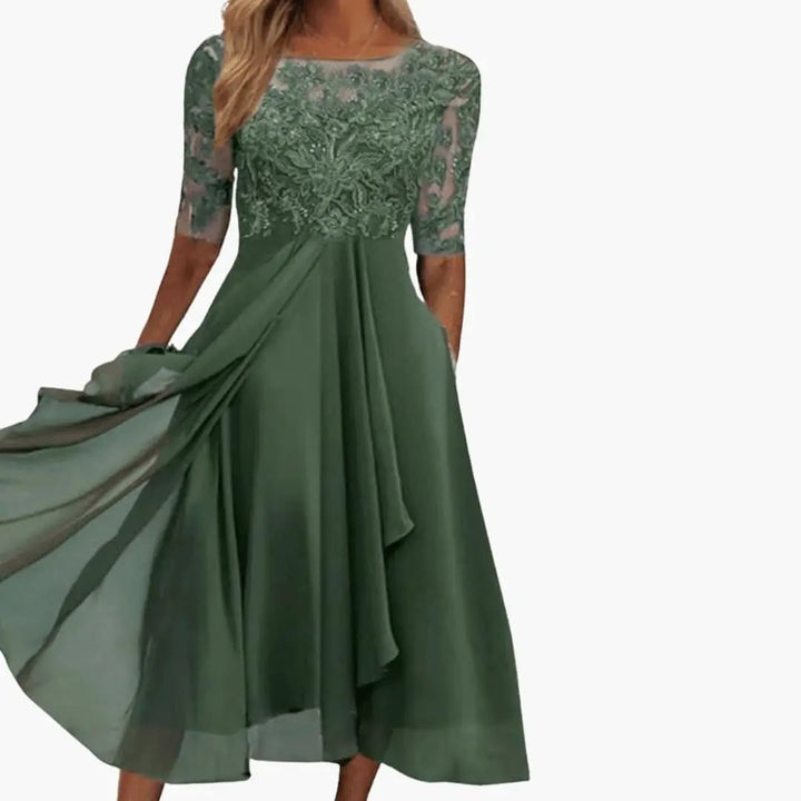 Damen Rundhals Hohe Taille Midi Kleid