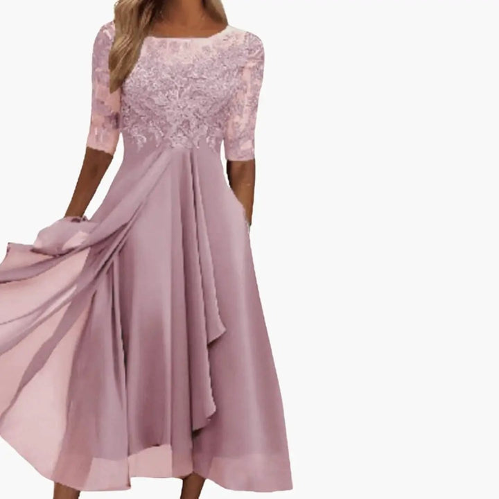 Damen Rundhals Hohe Taille Midi Kleid