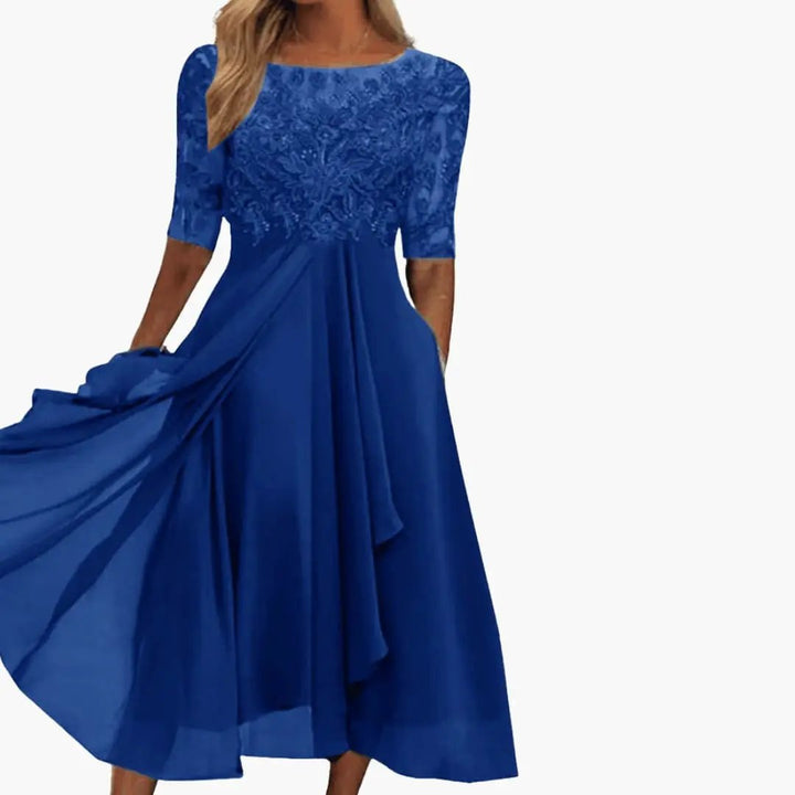 Damen Rundhals Hohe Taille Midi Kleid