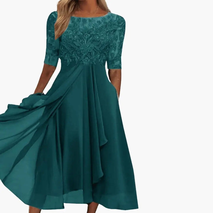 Damen Rundhals Hohe Taille Midi Kleid