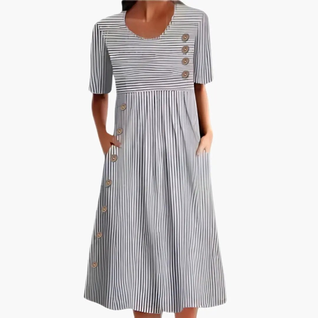 Gestreiftes Midi-Kleid für Damen mit Knopfleiste und 3/4-Ärmeln