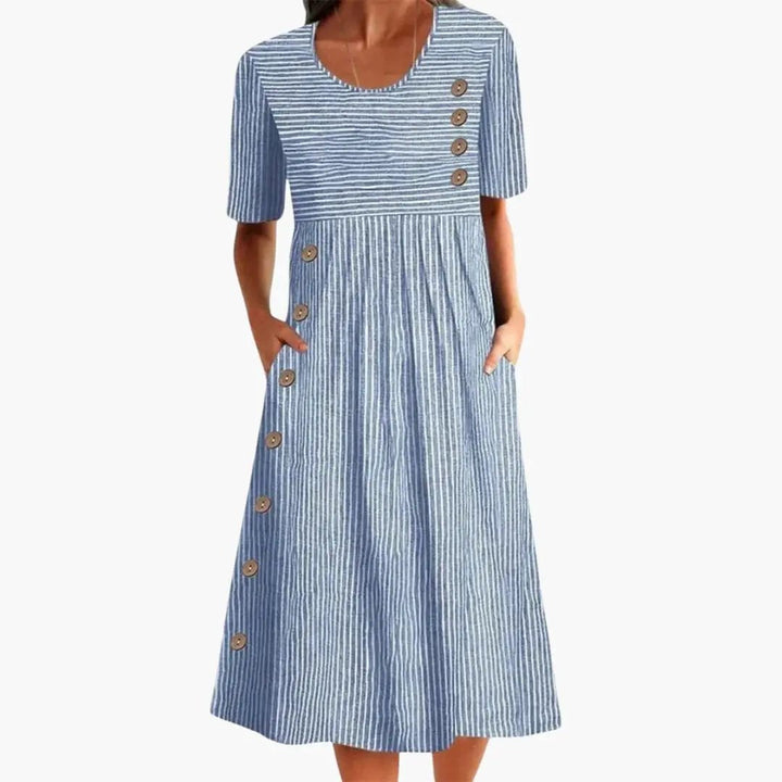 Gestreiftes Midi-Kleid für Damen mit Knopfleiste und 3/4-Ärmeln