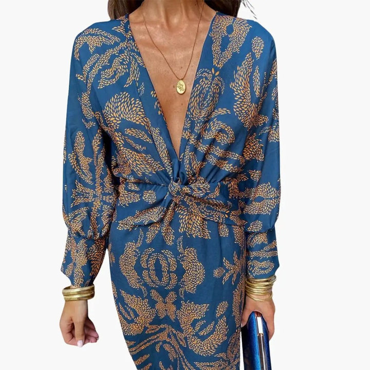Damen V-Ausschnitt Blumen-Midi-Kleid mit langen Ärmeln