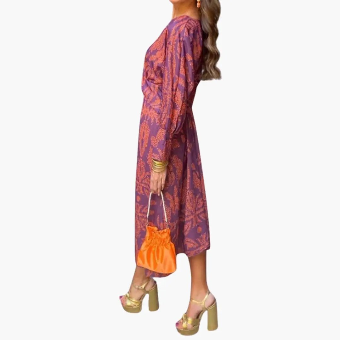 Damen V-Ausschnitt Blumen-Midi-Kleid mit langen Ärmeln