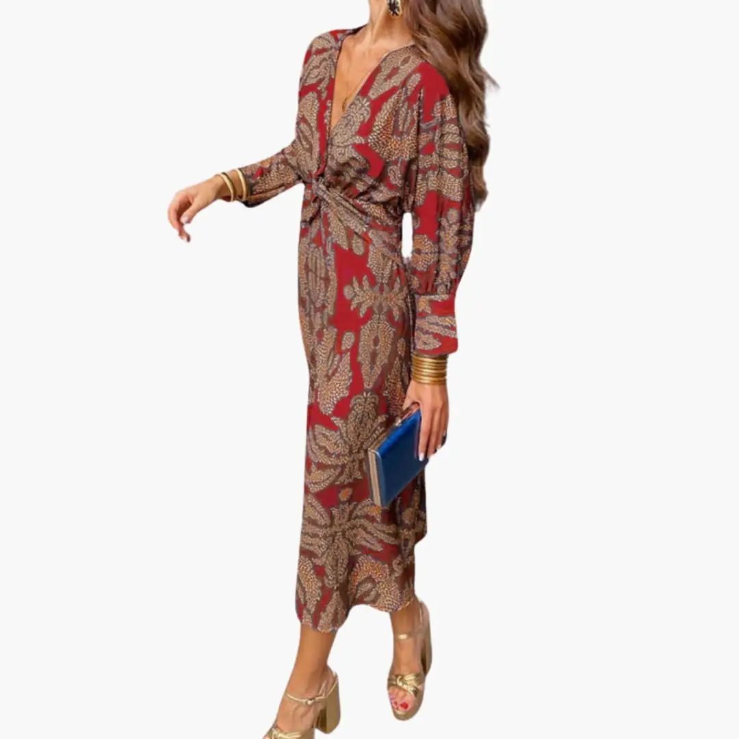 Damen V-Ausschnitt Blumen-Midi-Kleid mit langen Ärmeln