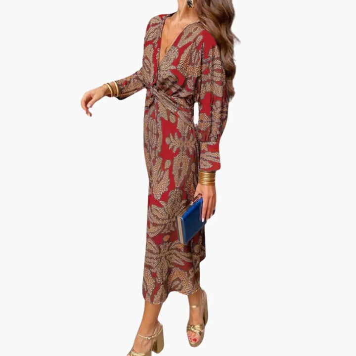 Damen V-Ausschnitt Blumen-Midi-Kleid mit langen Ärmeln