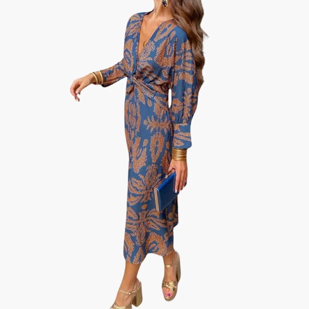 Damen V-Ausschnitt Blumen-Midi-Kleid mit langen Ärmeln