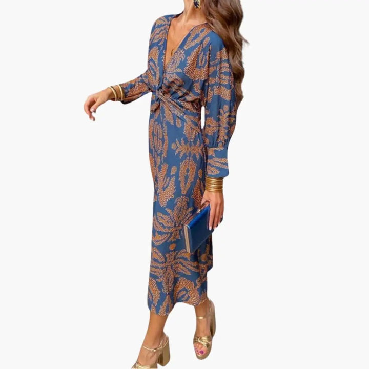 Damen V-Ausschnitt Blumen-Midi-Kleid mit langen Ärmeln