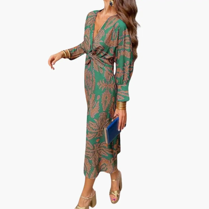 Damen V-Ausschnitt Blumen-Midi-Kleid mit langen Ärmeln