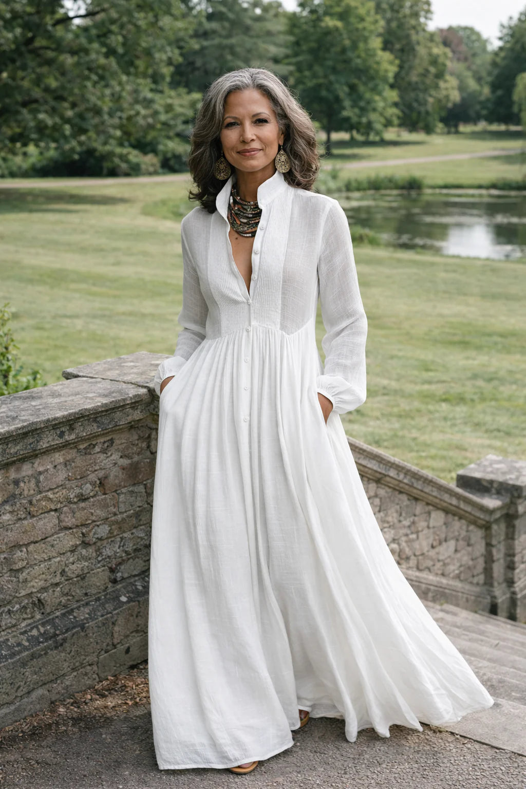 Damen Einschultriges Maxi Kleid mit Knopf-Front und fließendem Rock