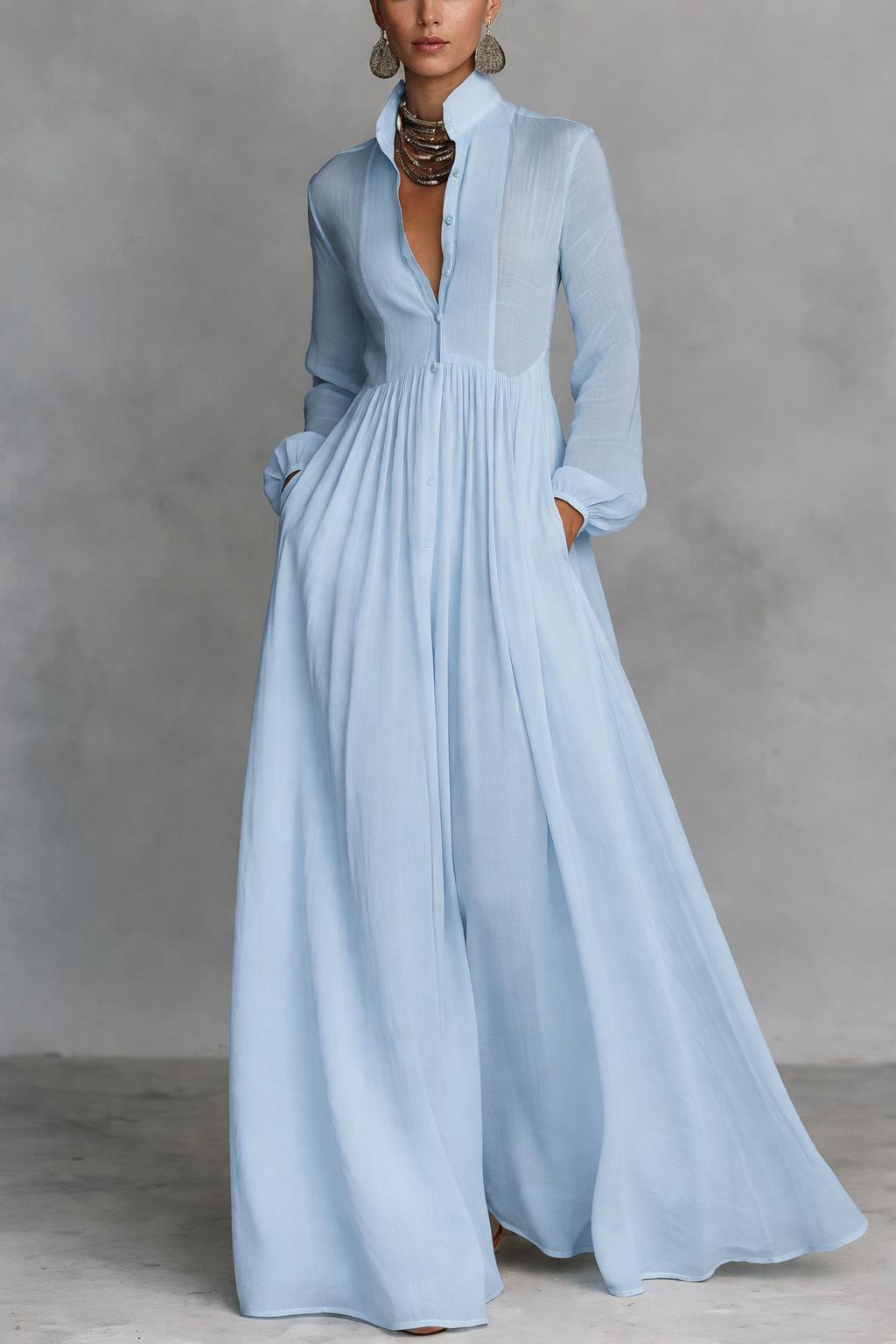 Damen Einschultriges Maxi Kleid mit Knopf-Front und fließendem Rock