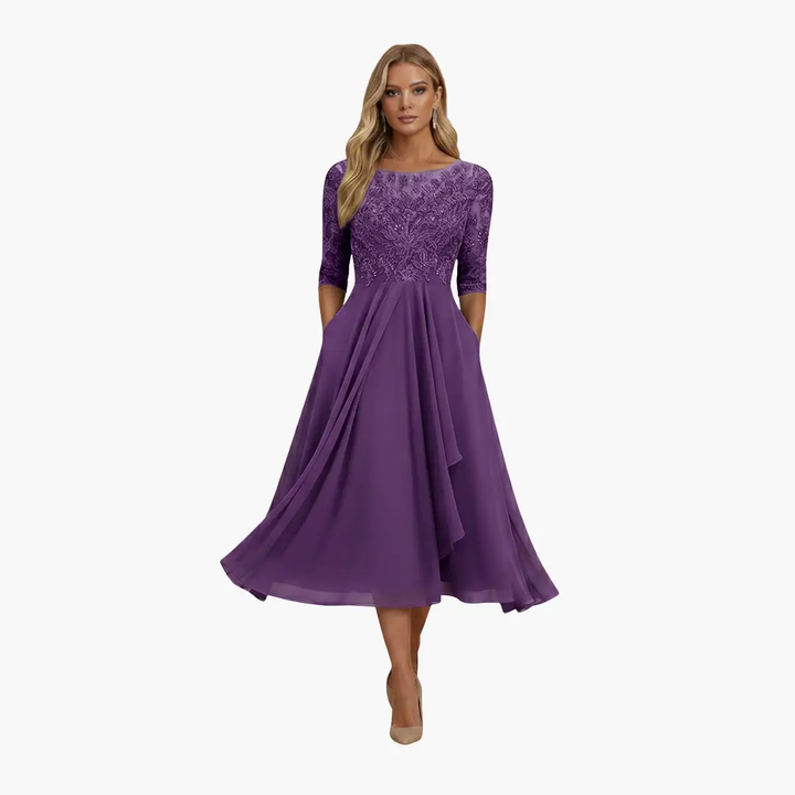 Damen Rundhals Hohe Taille Midi Kleid