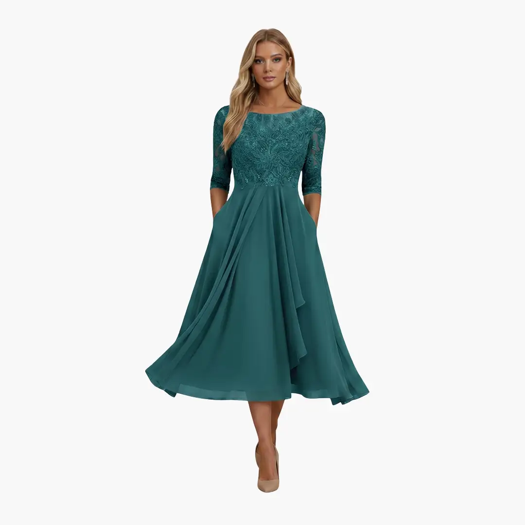Damen Rundhals Hohe Taille Midi Kleid
