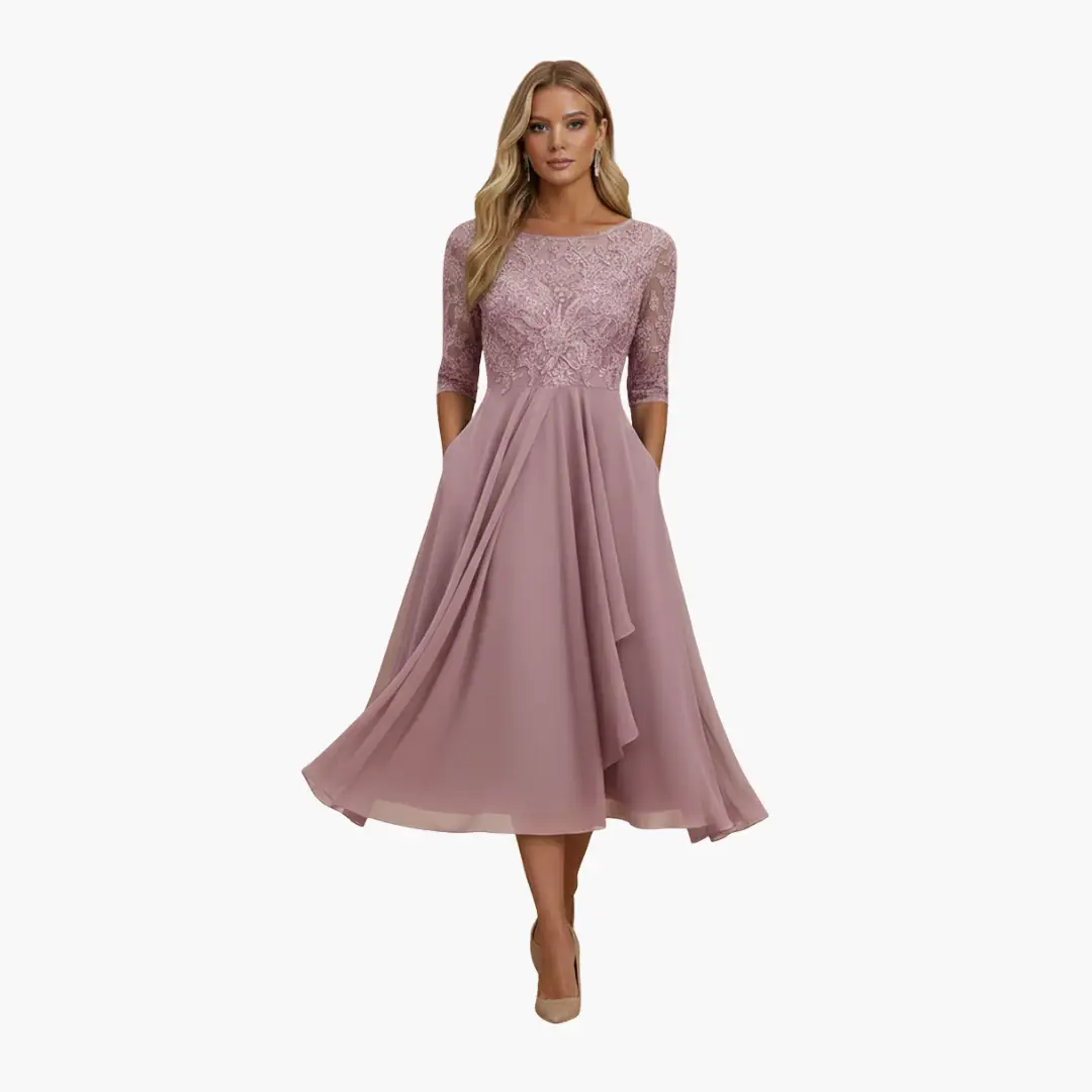 Damen Rundhals Hohe Taille Midi Kleid