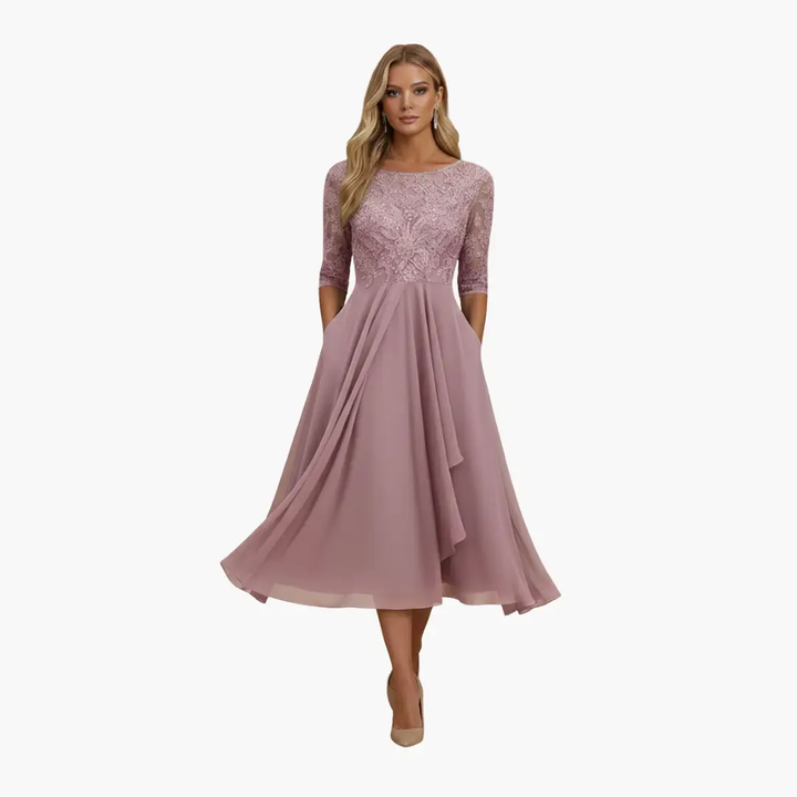 Damen Rundhals Hohe Taille Midi Kleid