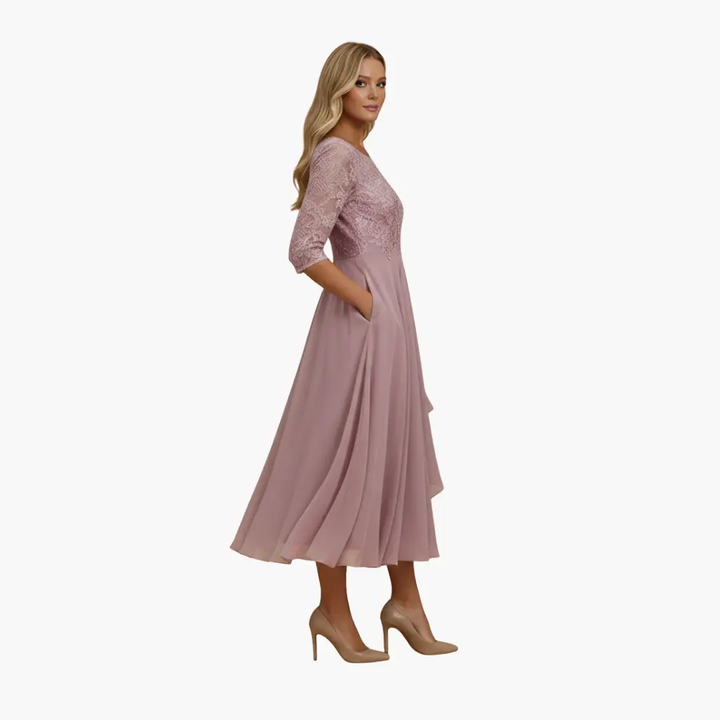 Damen Rundhals Hohe Taille Midi Kleid