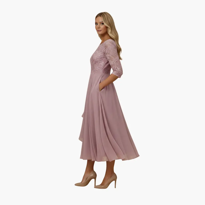 Damen Rundhals Hohe Taille Midi Kleid