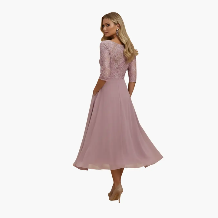 Damen Rundhals Hohe Taille Midi Kleid
