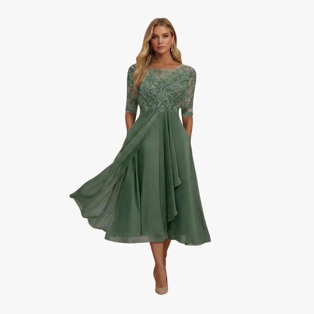 Damen Rundhals Hohe Taille Midi Kleid