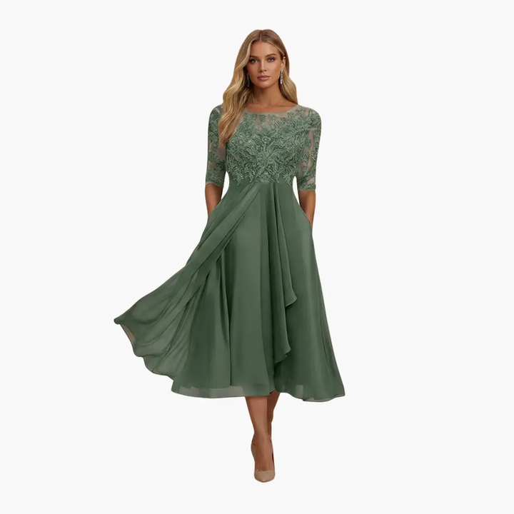 Damen Rundhals Hohe Taille Midi Kleid