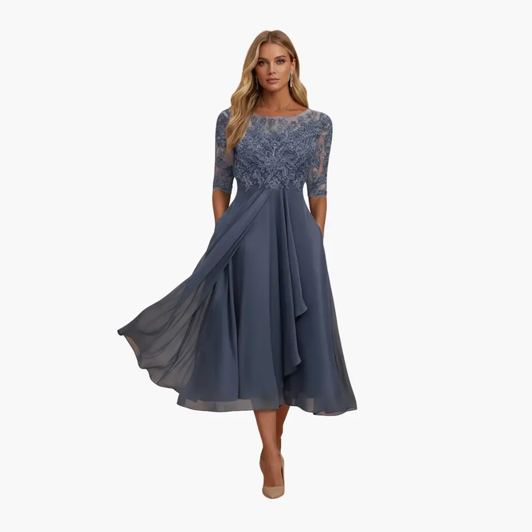 Damen Rundhals Hohe Taille Midi Kleid