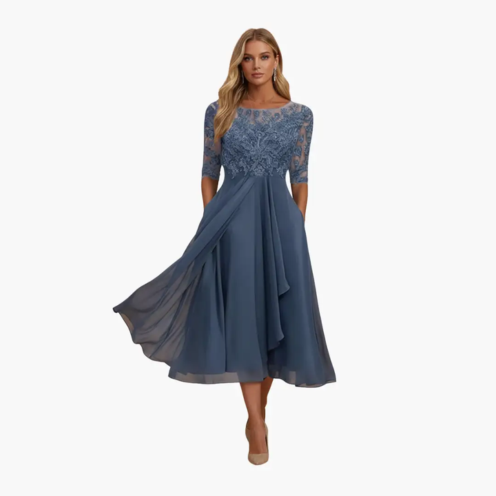 Damen Rundhals Hohe Taille Midi Kleid