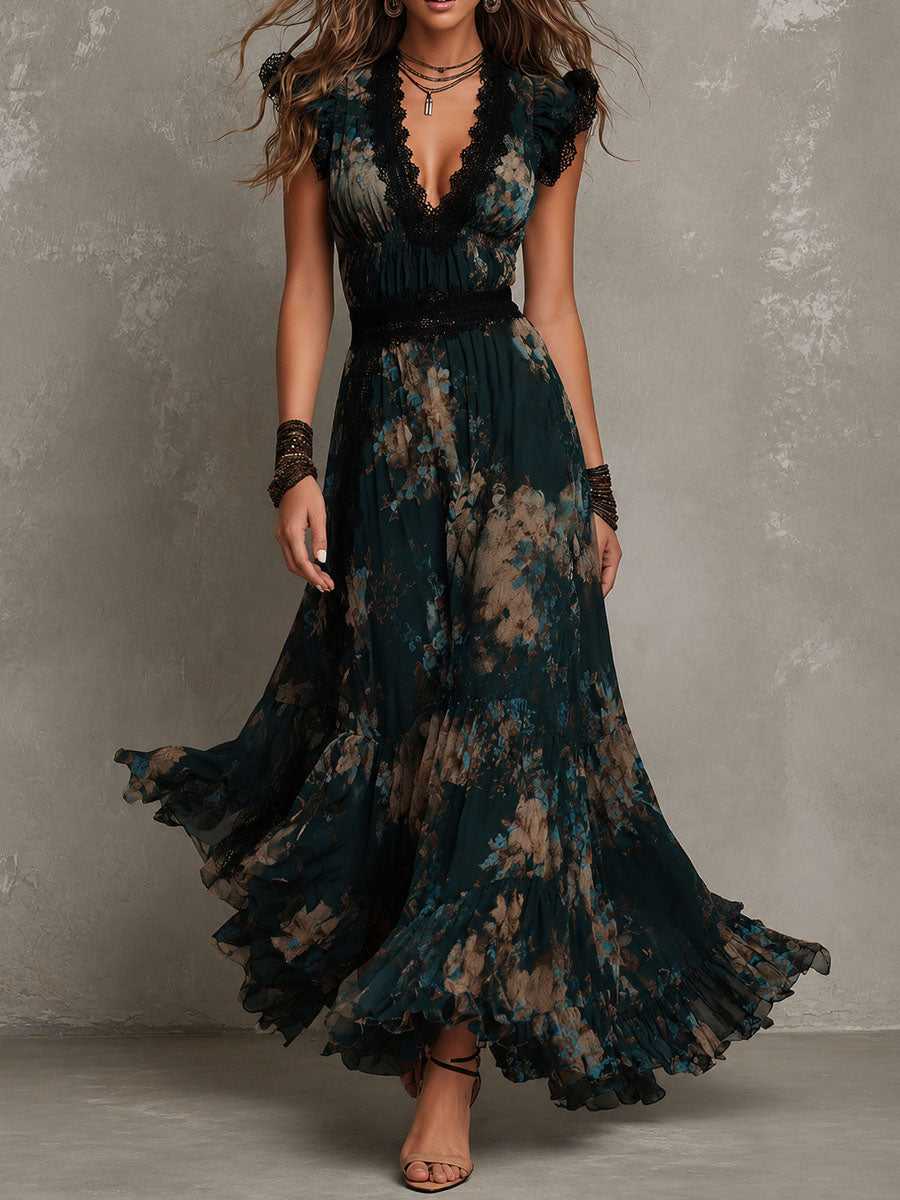 Tanja Boho-Maxikleid mit dunklem Blumenmuster aus Chiffon