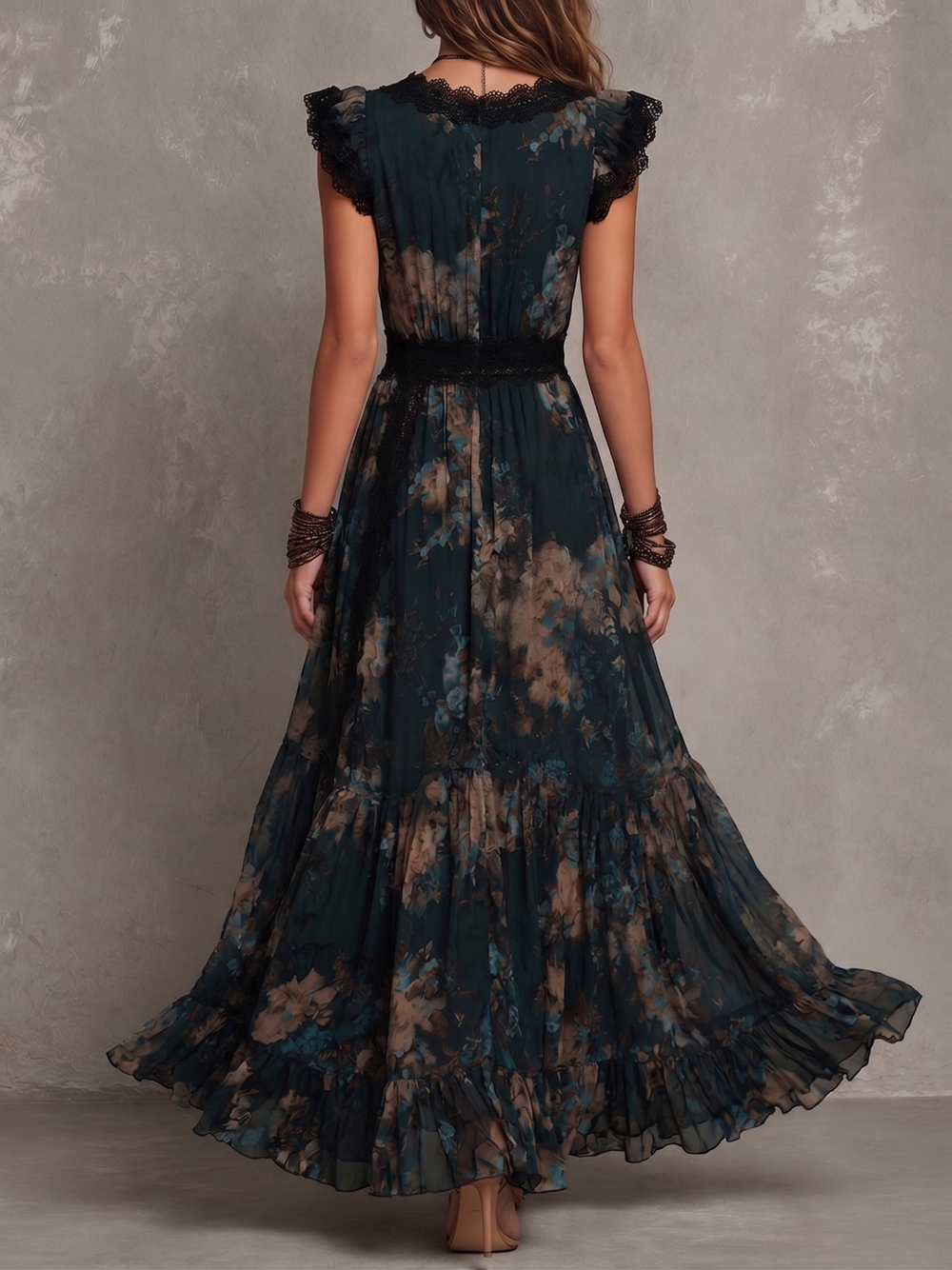 Tanja Boho-Maxikleid mit dunklem Blumenmuster aus Chiffon – Ansicht 2